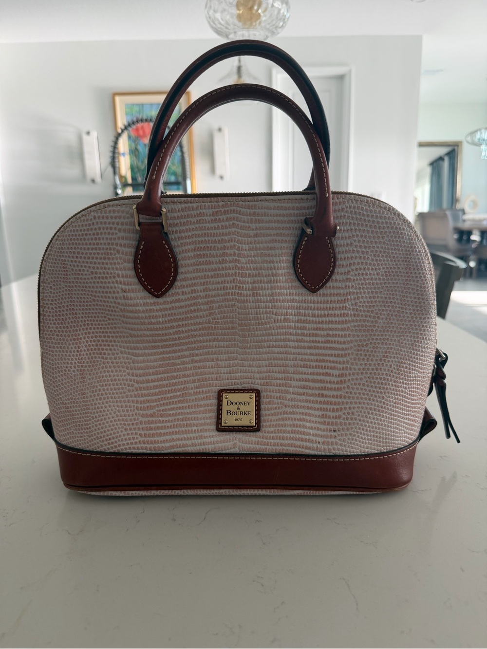 Dooney & Bourke Blush Lizard-Textured Satchel with Brown Leather Trim - Picture 2 of 7